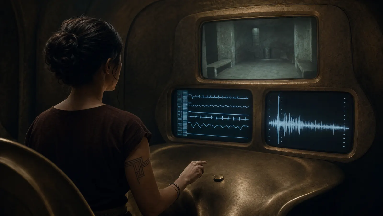 An analyst at a brass console watches a wall of screens