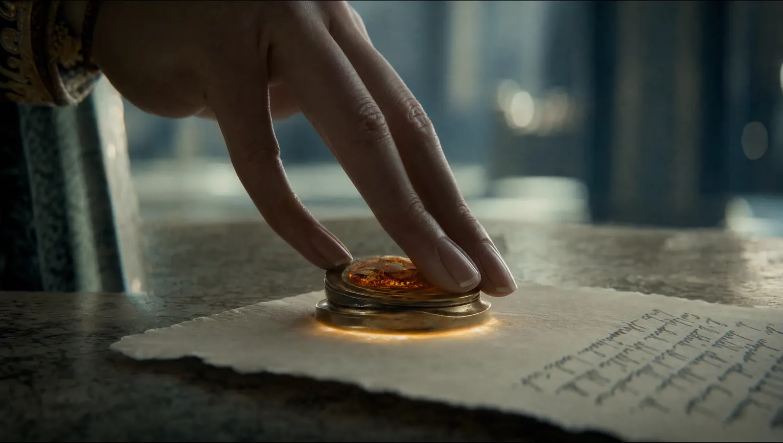 A finger presses an amber seal onto a sheet of handwritten parchment