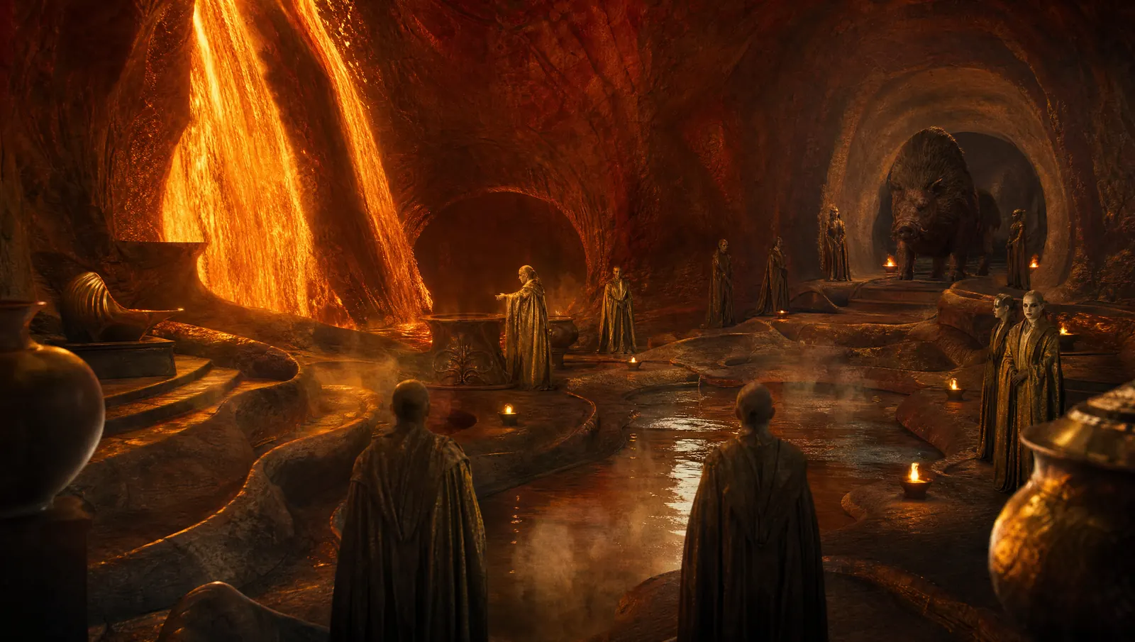 Robed figures stand in a deep cavern lit by a river of molten stone