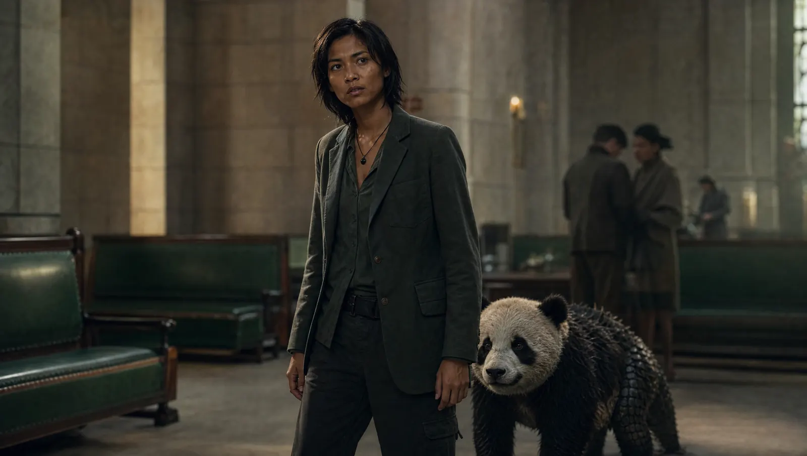 Tala standing in an institutional lobby with Ube Taro at her feet