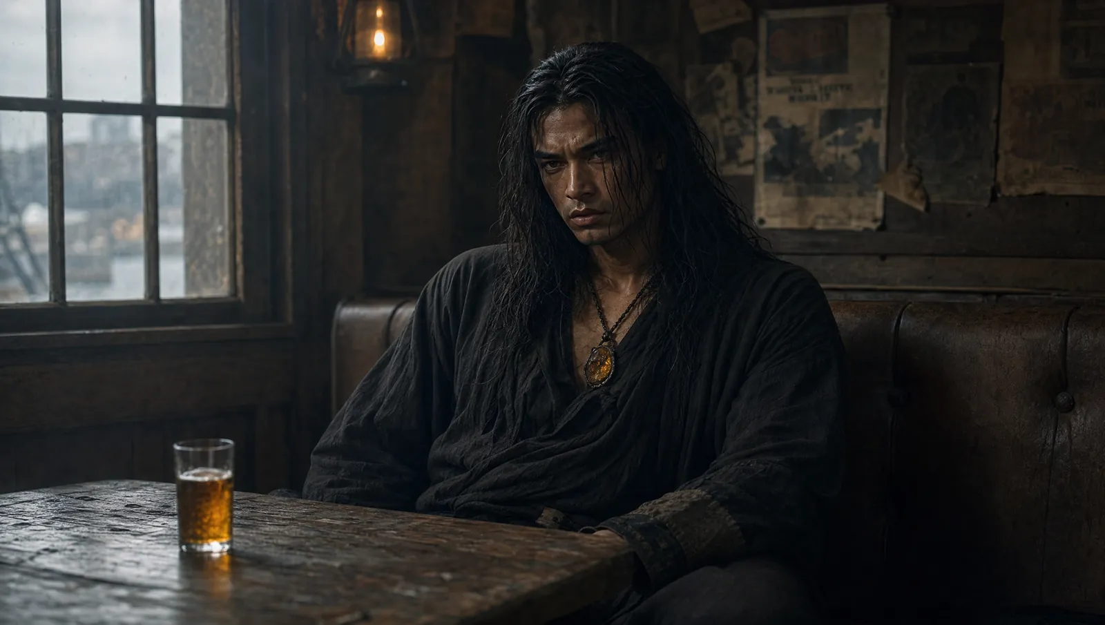 Marek in a dim dockside booth, an amber pendant at his chest