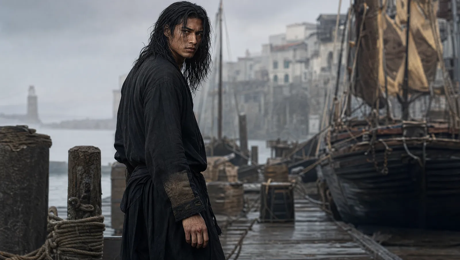 Marek on a Blacktide Wharf dock in a black coat, long wet hair, looking back over his shoulder