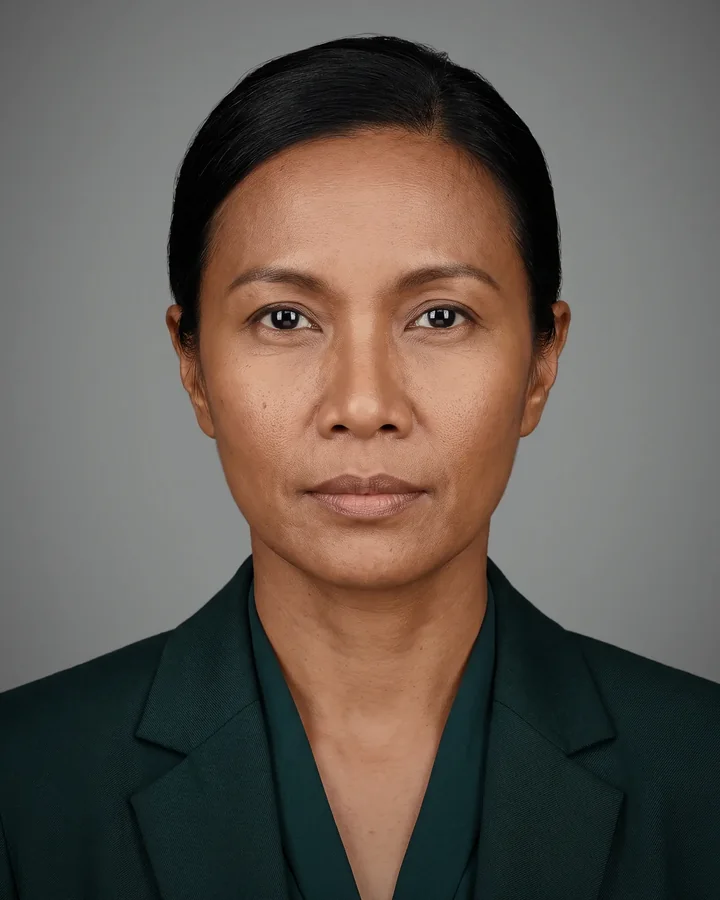 Kessa, a composed woman in a dark green suit