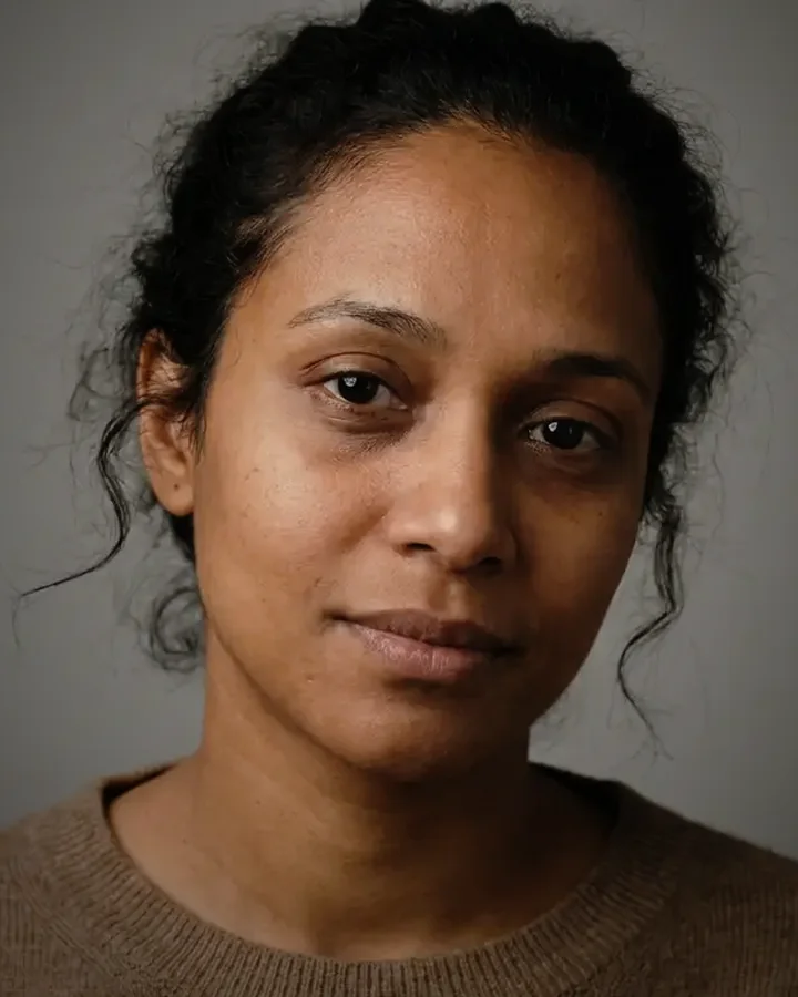 Nira, a woman with dark hair pinned back, looking straight at the camera