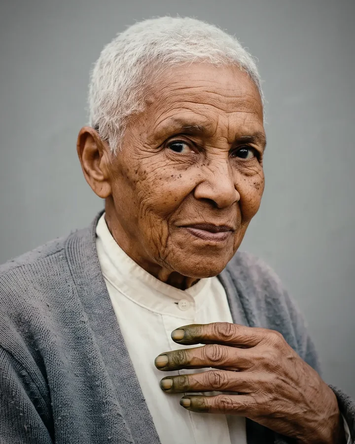 Voy, a very old woman with cropped white hair, a hand resting at her collar